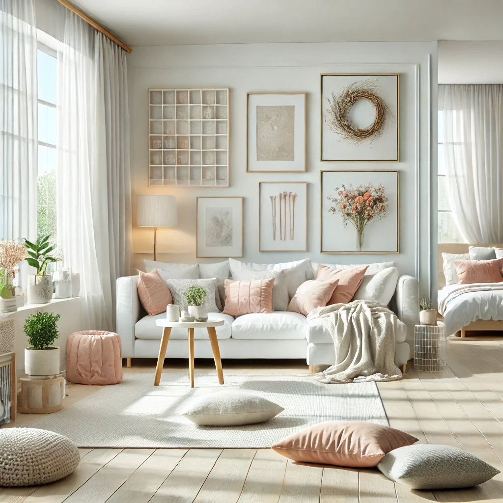 A bright airy living room featuring a light color palette with soft whites pastels and neutral tones. The space is open and inviting with pops of