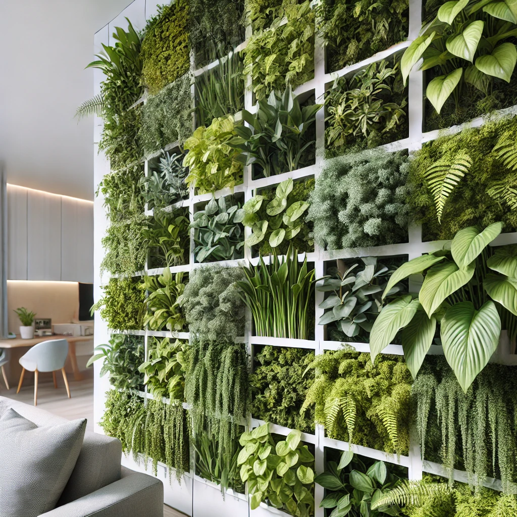 A close up view of an indoor living wall in a home setting showcasing the modular design. The wall is covered with various plants gro