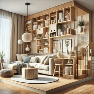 A creative and realistic featured image for a blog post on interior design trends for small spaces in 2024. The image should show a well-designed, coz