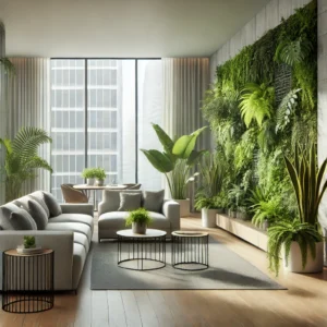 modern living room with a large indoor living wall as the main focal point. The living wall is lush with a variety of plan