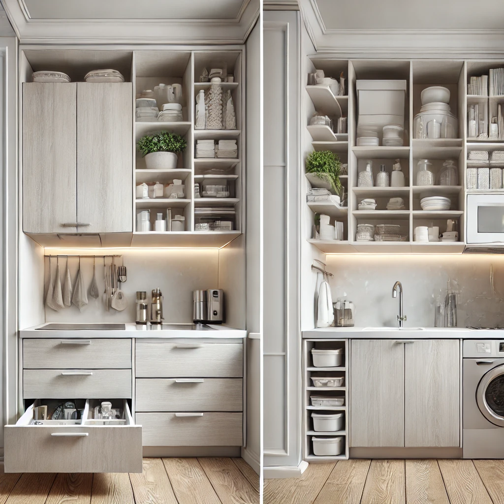 photo of a small well organized kitchen featuring compact appliances efficient storage solutions such as pull out pantries and wall mounted shelve