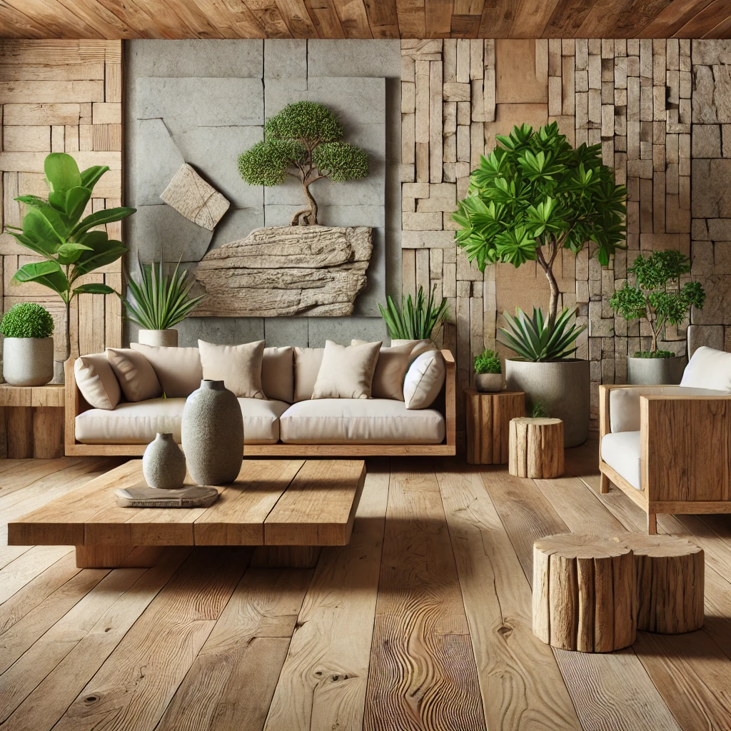 wood, stone, and plants in an organic modern living room.