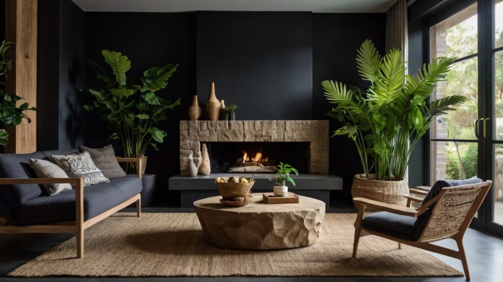 A living room with dark walls featuring a lig 3