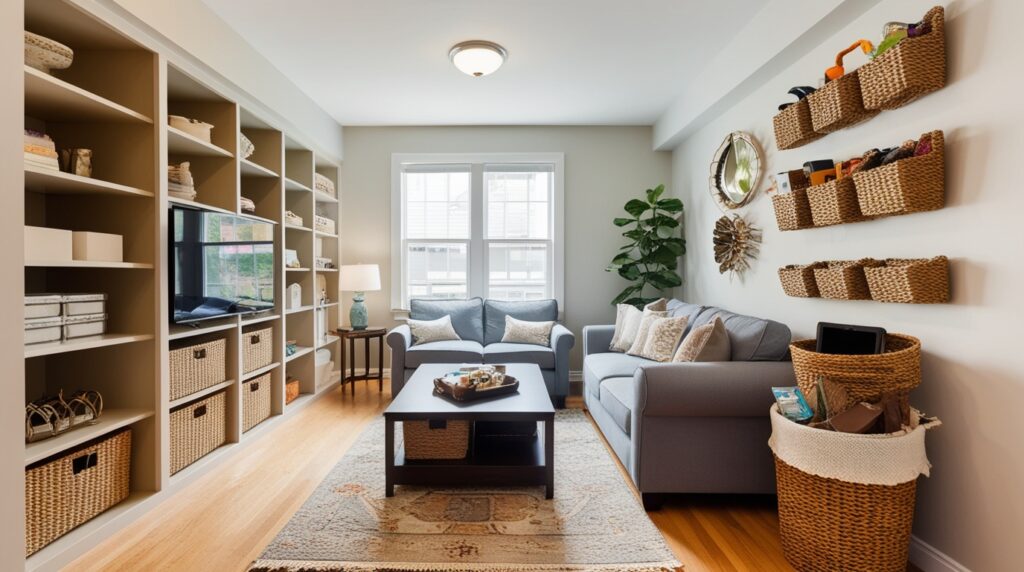 A wideangle shot of a small living room with 1