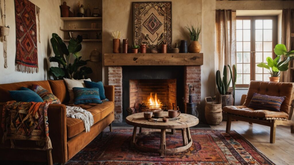 Bohemianstyle living room with a rustic fire 2