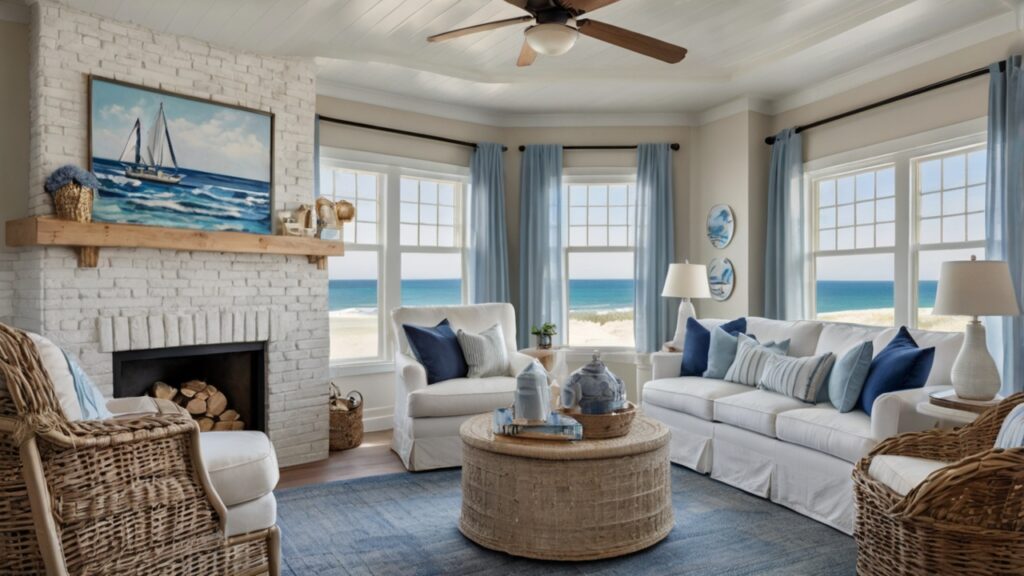 Bright airy coastal living room with a white 0