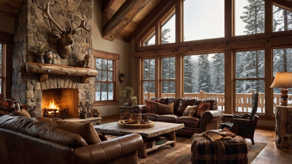 Cozy rustic living room with a large stone fi 2