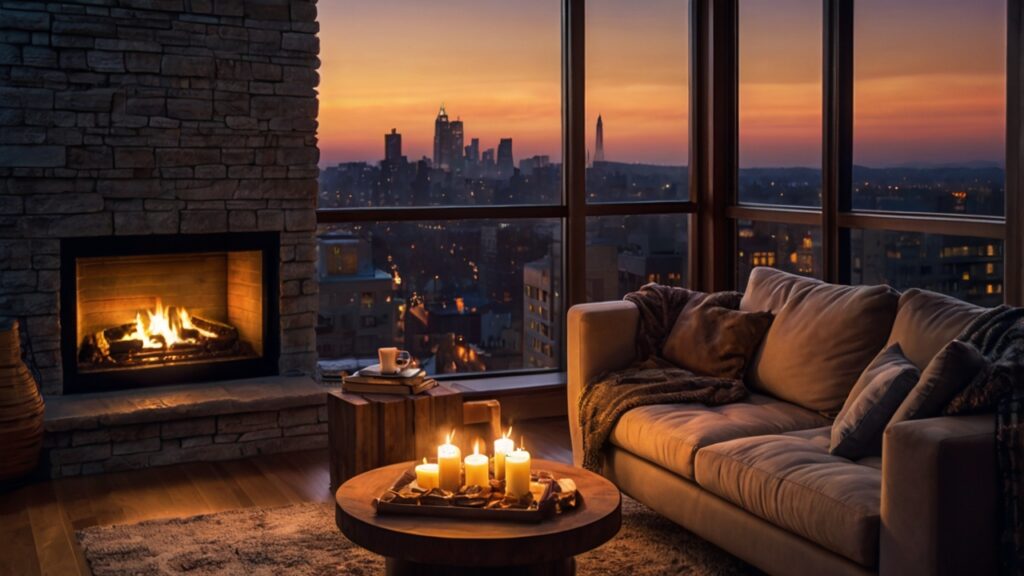 Warm inviting living room at twilight with a 0