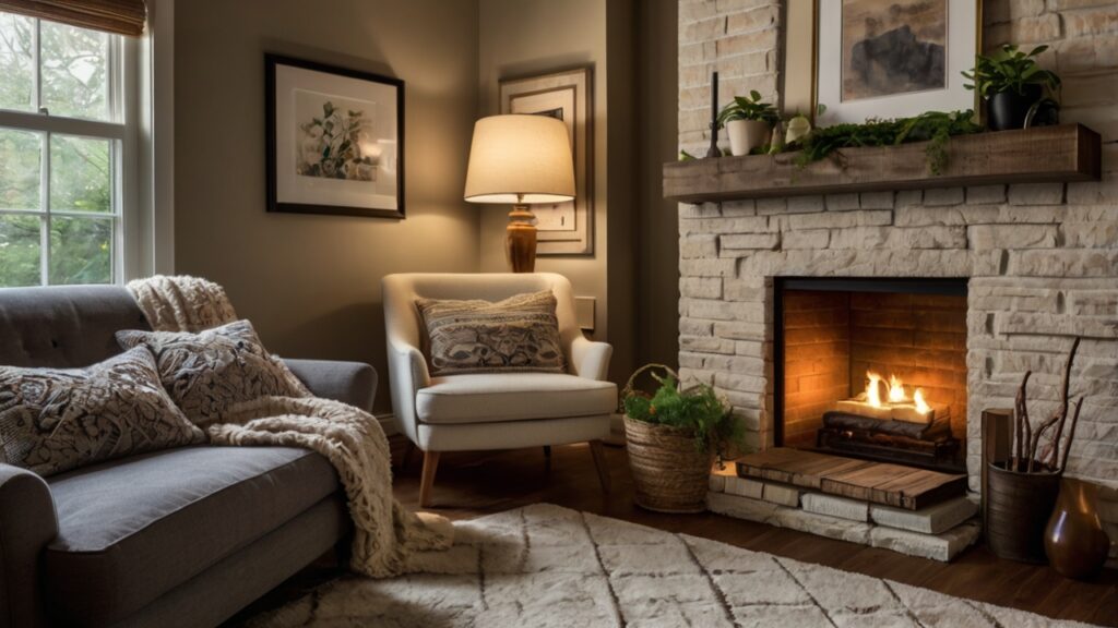 living room corner with a fireplace 3