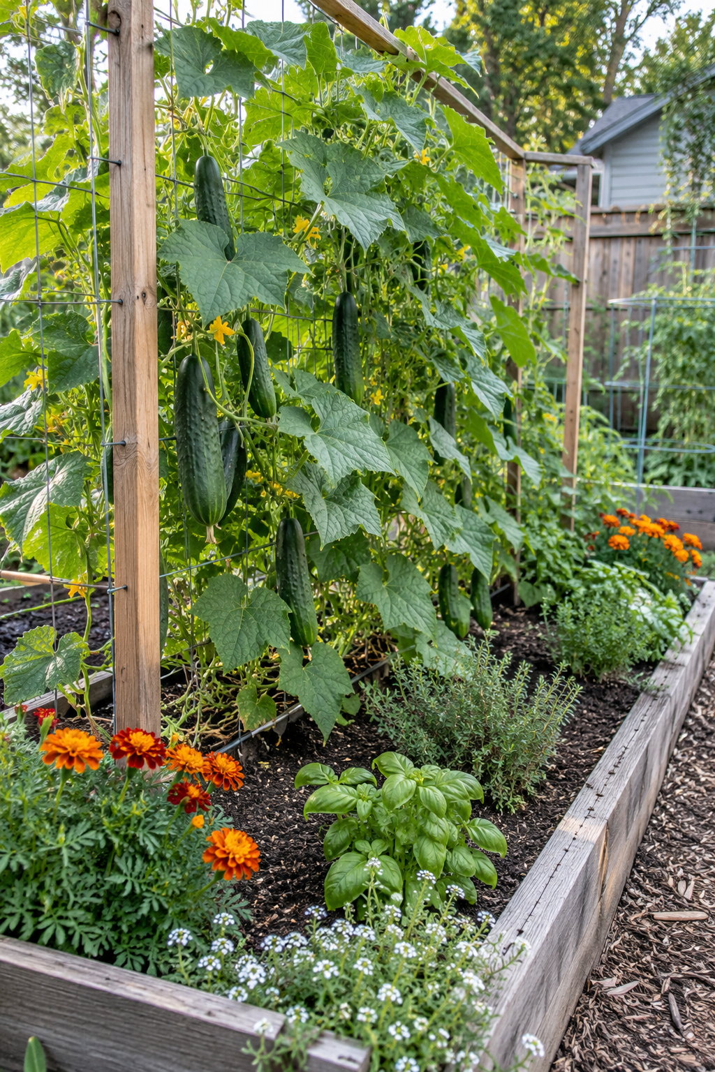 natural backyard garden photo showing cucumber vines growing on a simple trellis natural backyard garden photo showing cucumber vines growing on a simple trellis