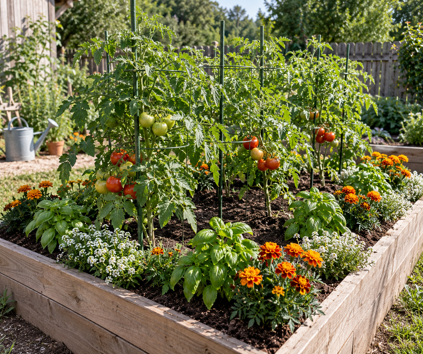 raised bed with tomatoes
