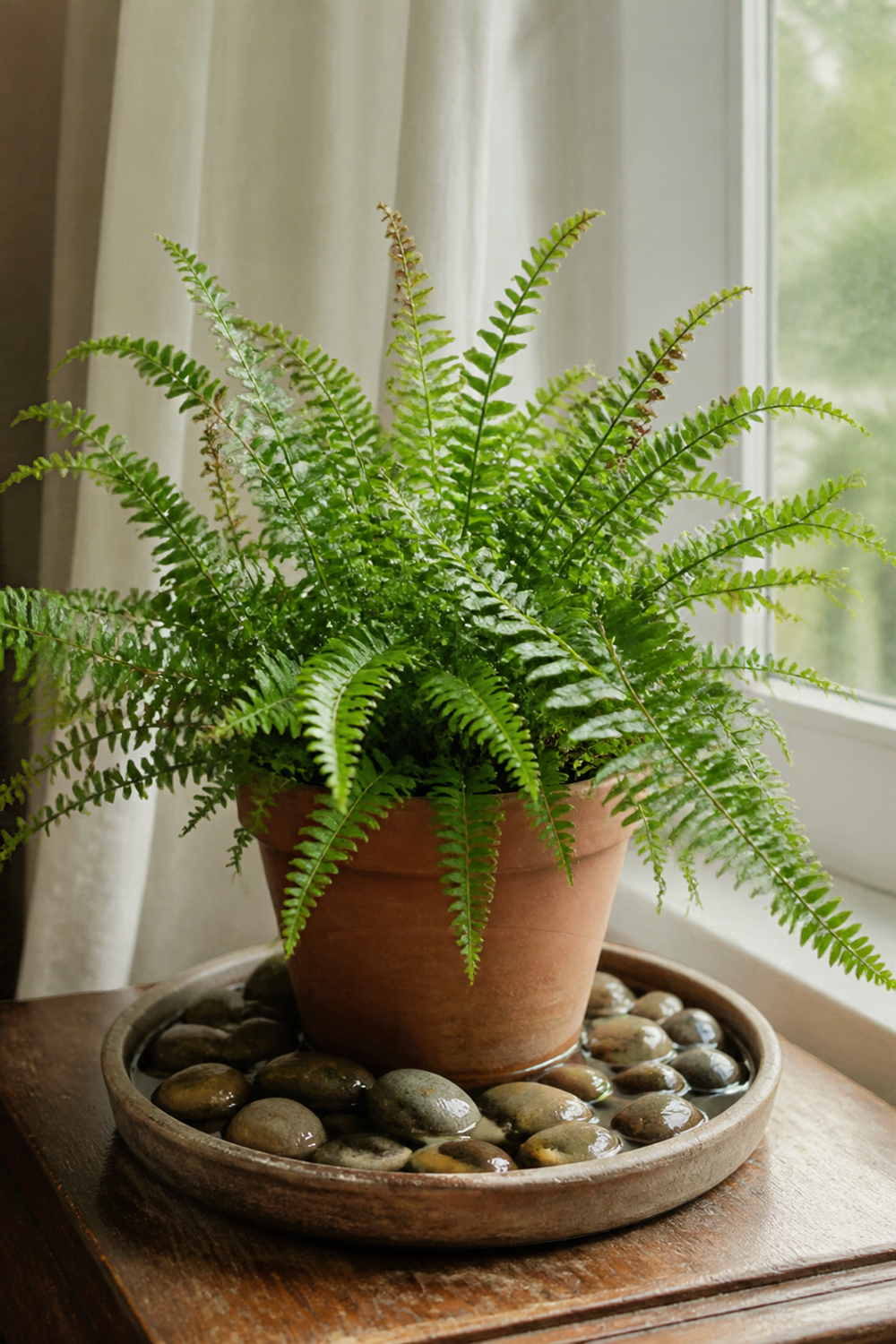 Natural photo of a Boston fern in a pot standing on a shallow tray of pebbles with a little water, near a window, with a few brown fronds beginning to show. Home setting, daylight. No text, labels, arrows, icons, or polished advertising look.