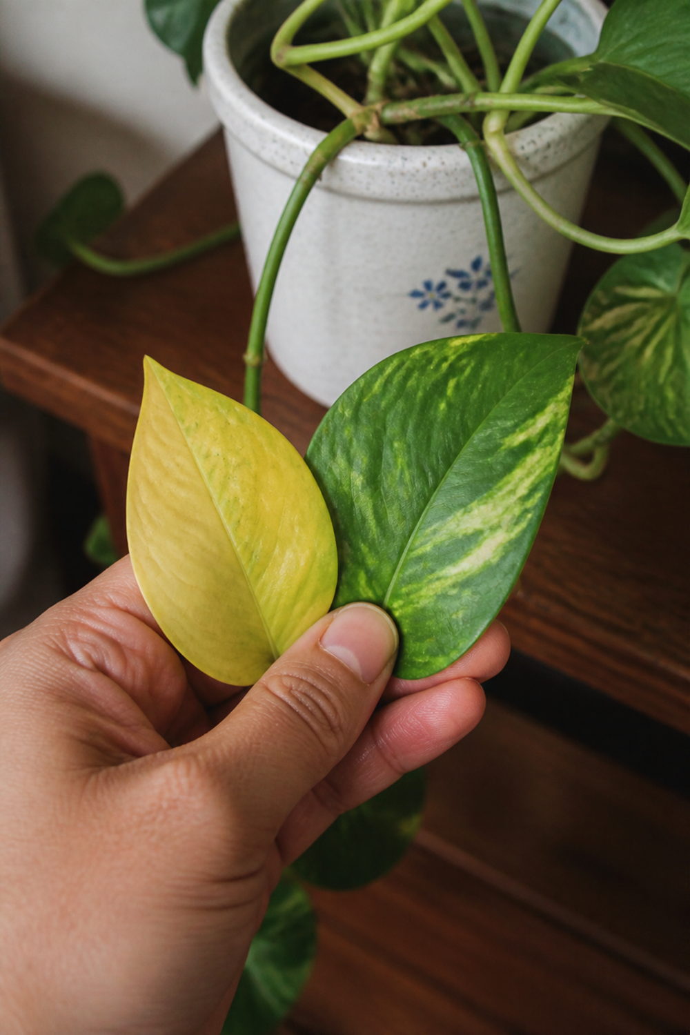 Close, natural photo of a hand holding up one yellow pothos leaf next to a healthy green one, with the pothos trailing from a pot in the background. Normal home light, ordinary pot. No text, labels, arrows, icons, or polished advertising look.
