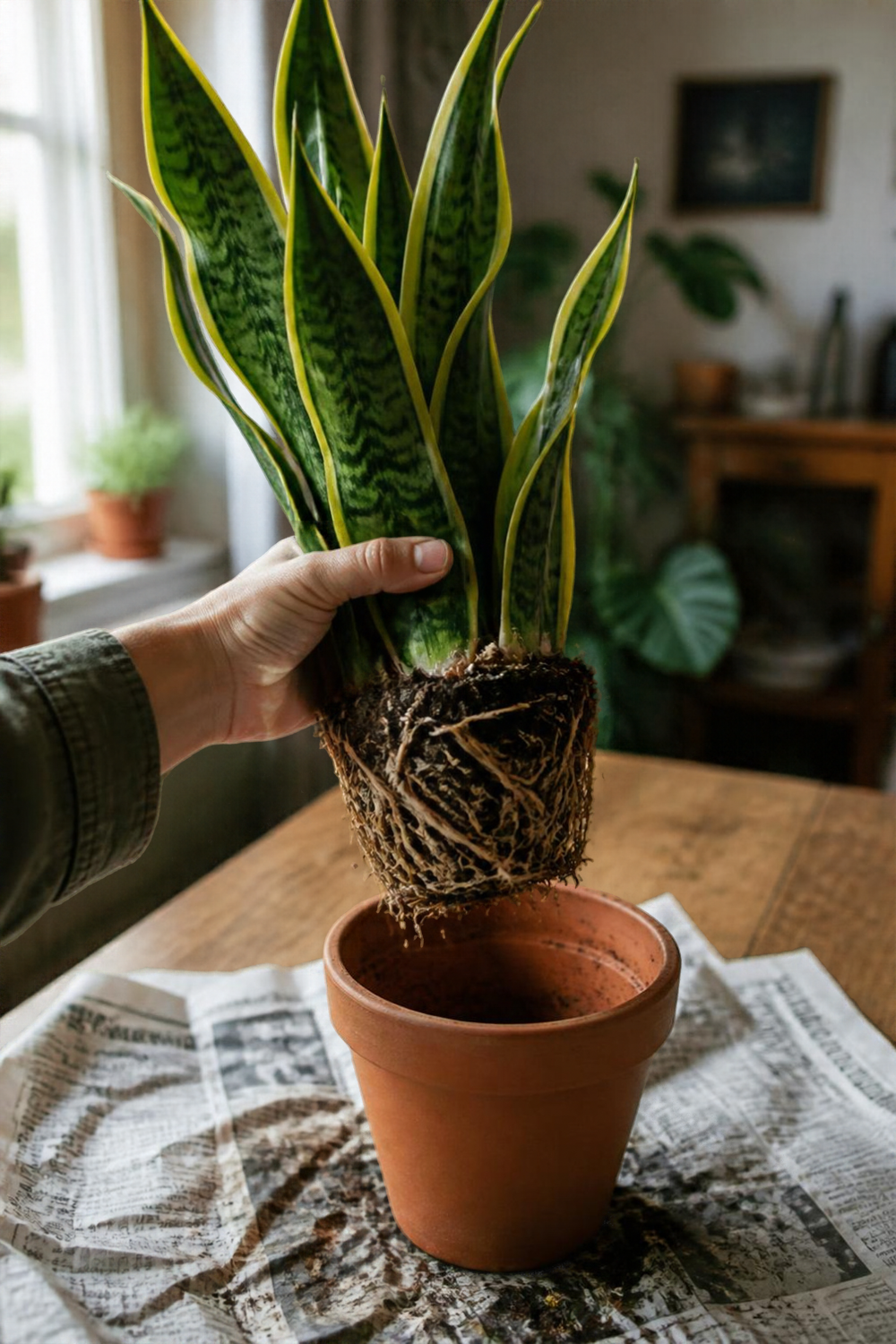 Natural photo of a hand holding a snake plant that has just been lifted out of its pot, showing a mix of firm pale roots and a few dark, soft roots. Newspaper or a table underneath, home setting, soft light. No text, labels, arrows, icons, or polished advertising look.