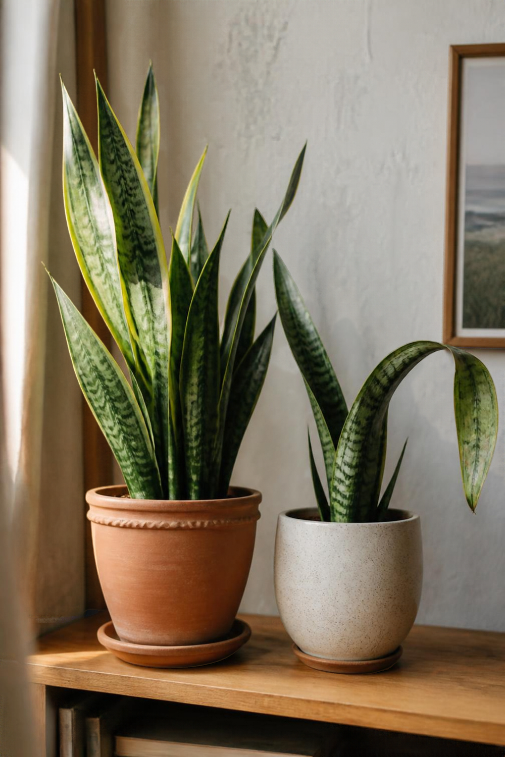 Natural photo of two snake plants side by side near a window, one with upright healthy leaves and one with a bent, softened leaf, in ordinary pots on a wooden floor or shelf. Soft daylight. No text, labels, arrows, icons, or polished advertising look.