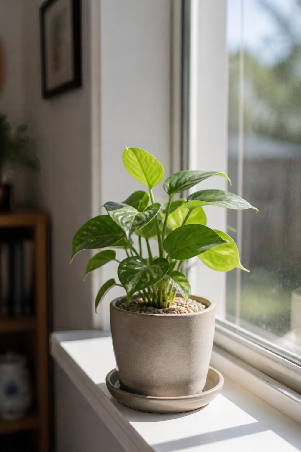 Natural photo of a healthy potted houseplant on a bright windowsill with a thin layer of fine gravel on top of the soil and a small saucer that is empty and dry. Soft daylight. No text, labels, arrows, icons, or polished advertising look.
