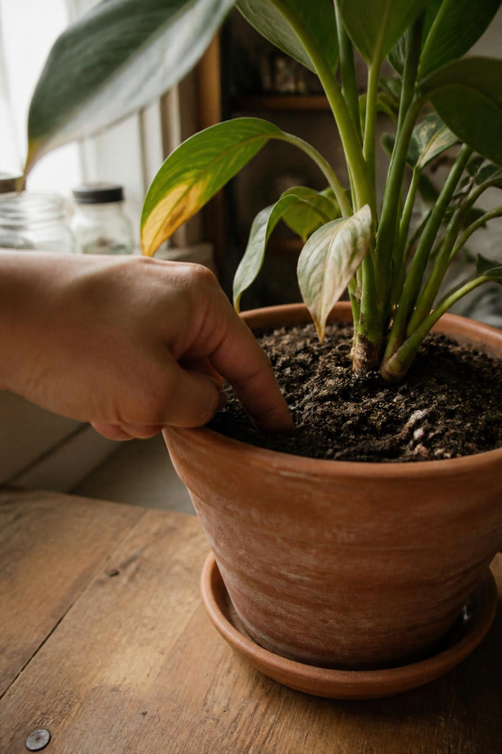 Close, natural photo of a hand pressing a finger into the soil of a potted houseplant on a kitchen table or windowsill. A couple of lower leaves are slightly yellow. Normal home lighting and visible soil. No text, labels, arrows, icons, or polished advertising look.