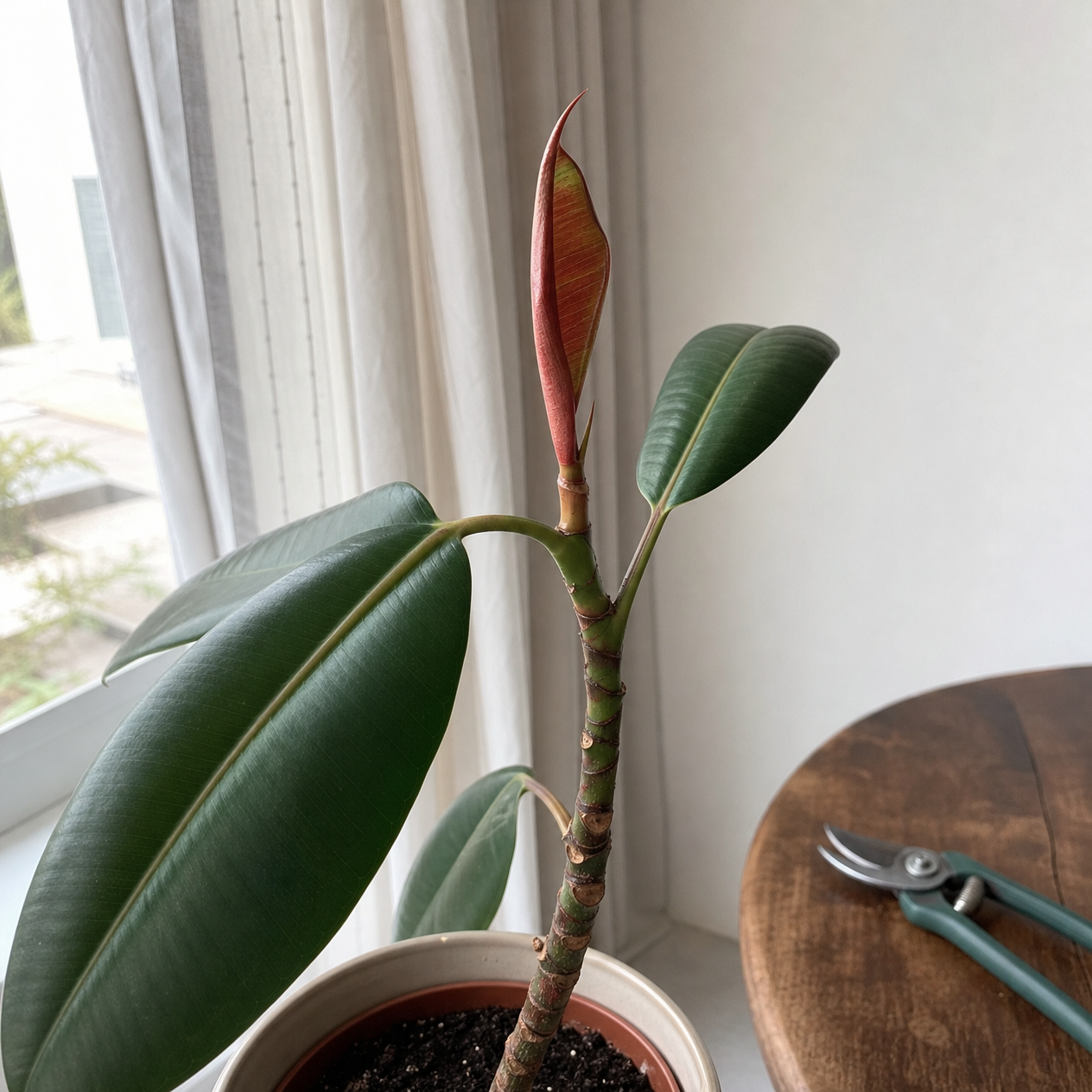 Natural photo of a pruned rubber plant with a new reddish leaf sheath unfurling at the top, in a home setting near a window, with a small pair of pruning shears on a nearby table. Daylight. No text, labels, arrows, icons, or polished advertising look.