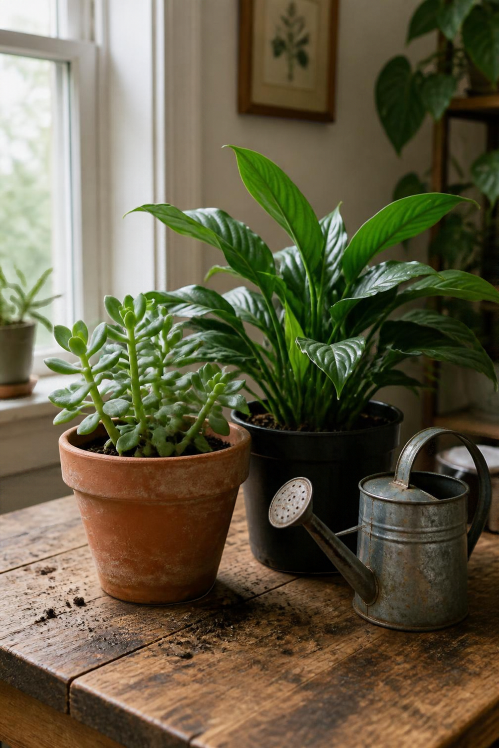 Realistic photo of two potted houseplants side by side on a table, one succulent in a clay pot and one leafy tropical plant in a plastic pot, with a small watering can nearby. Natural window light, some soil crumbs on the surface, no text, labels, arrows, or icons.