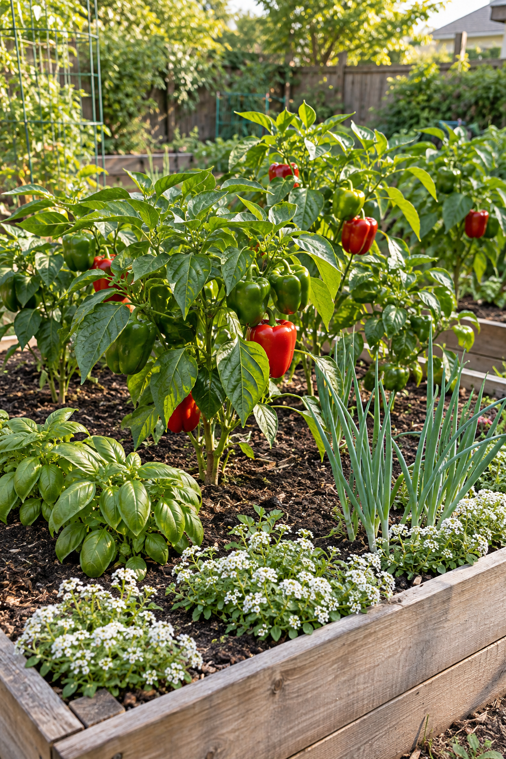 Natural backyard raised bed with peppers as the main crop, a few compact basil plants, scallions, and a low border of white sweet alyssum. Show visible soil and realistic spacing. No text, labels, arrows, icons, or polished advertising look.