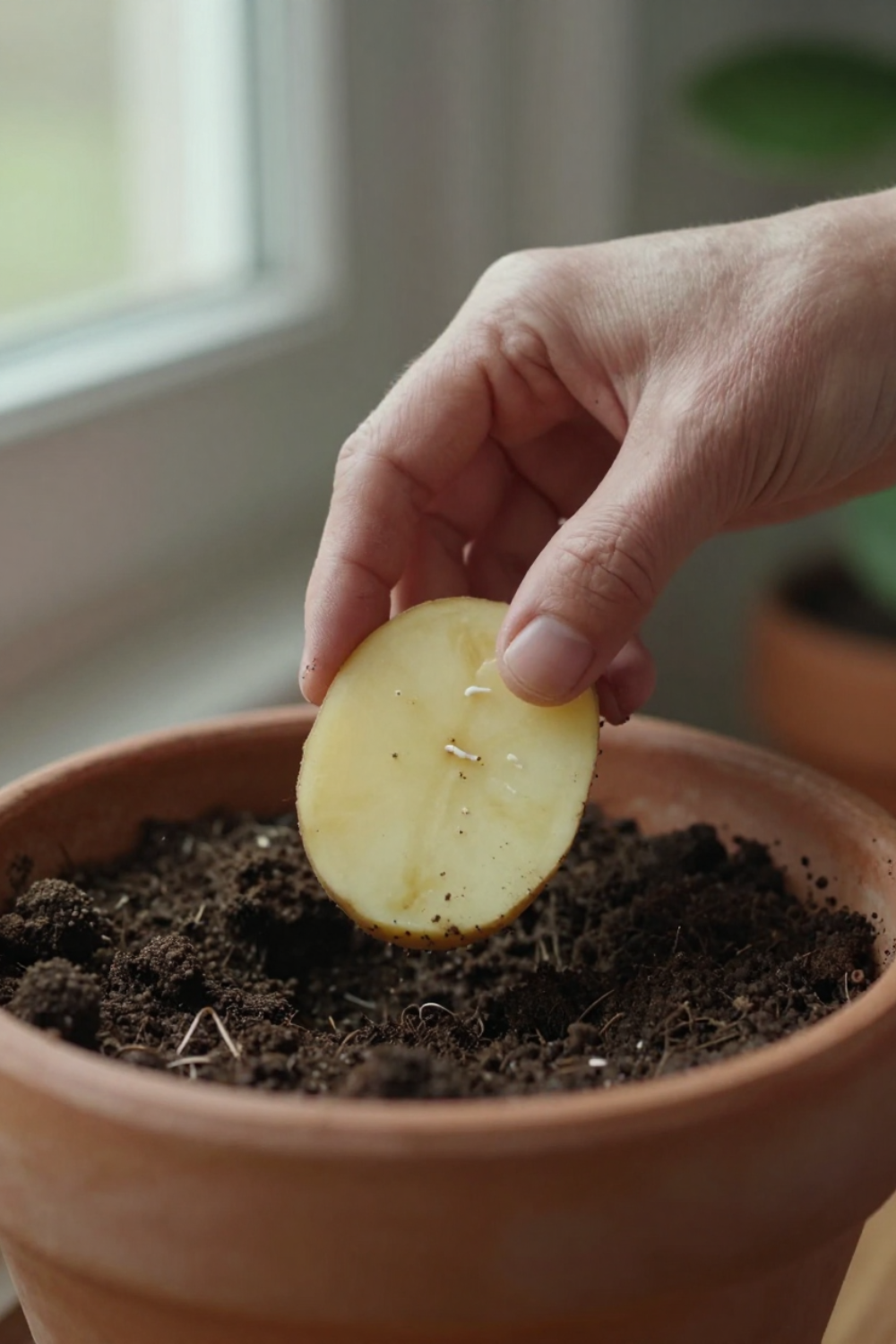Natural photo of a hand lifting a raw potato slice from the soil of a potted plant, with a few tiny whitish larvae visible on the underside of the slice. Home setting, soft natural light. No text, labels, arrows, icons, or polished advertising look.